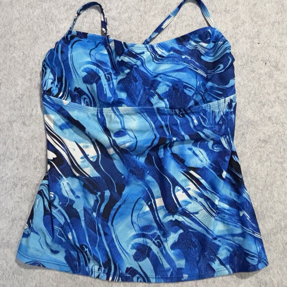 Peyton & Parker Tankini Swim Top Size L Blue Abstract Nautical Tie Back Straps